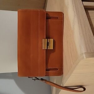 Vintage Leather Wristlet Clutch w Combination Lock In Cognac